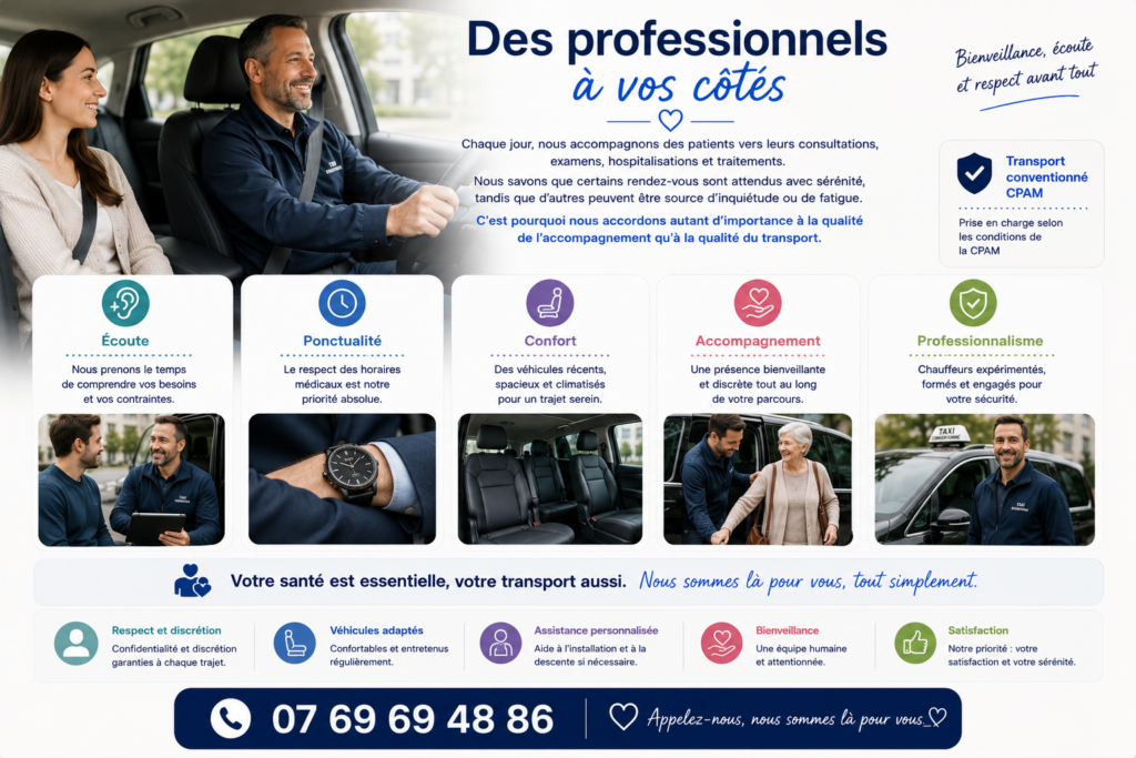 Chauffeur de taxi conventionné CPAM accompagnant un patient vers un rendez-vous médical en Île-de-France dans des conditions de confort, de sécurité et de bienveillance.