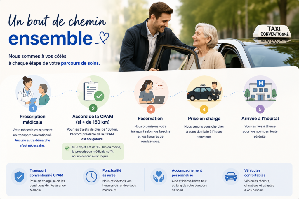 Parcours de soins d’un patient en taxi conventionné CPAM : prescription médicale, accord CPAM si nécessaire, réservation, prise en charge au domicile et arrivée à l’hôpital.