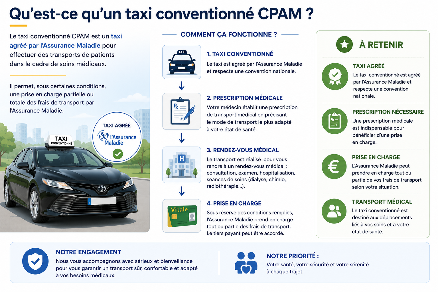 Définition d'un taxi conventionné CPAM et fonctionnement de la prise en charge des transports médicaux.