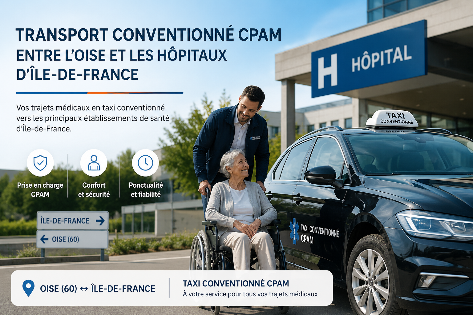 Taxi conventionné CPAM assurant le transport de patients entre l'Oise et les hôpitaux d'Île-de-France.
