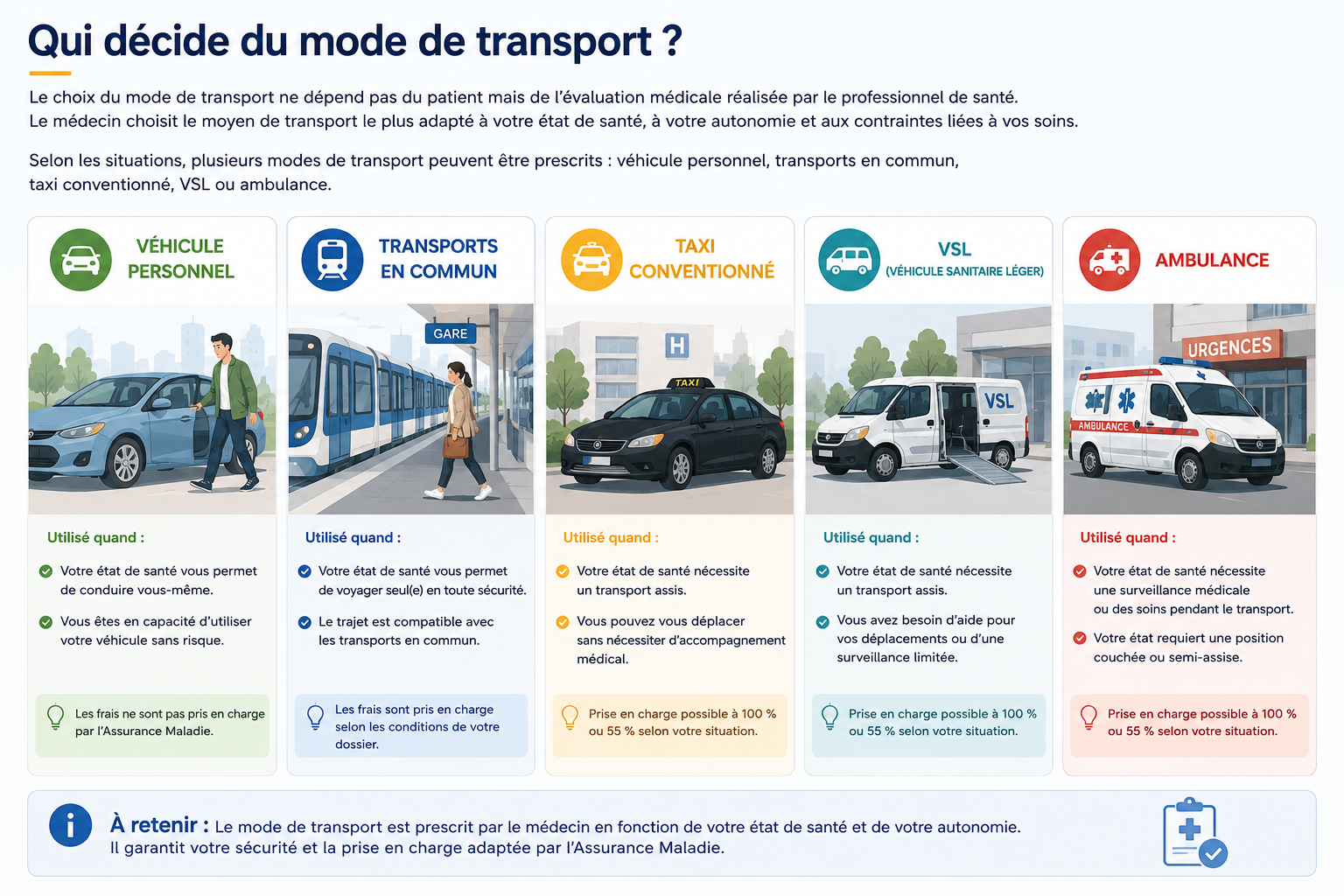 Comparaison des différents modes de transport médical : véhicule personnel, transports en commun, taxi conventionné, VSL et ambulance selon la prescription médicale.