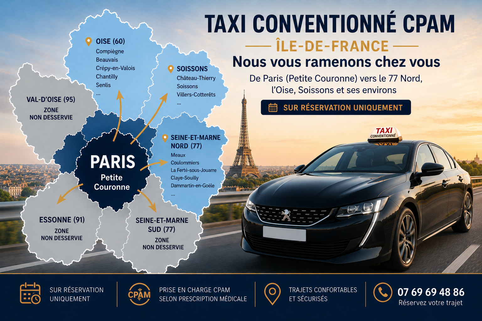 Zones desservies par notre taxi conventionné CPAM entre Paris, l'Oise, Soissons et la Seine-et-Marne Nord
