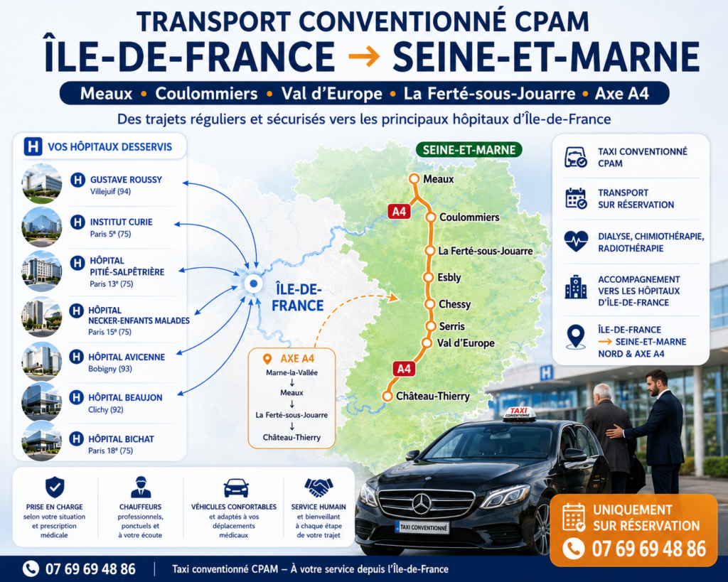 Transport conventionné CPAM entre l’Île-de-France et la Seine-et-Marne le long de l’axe A4.