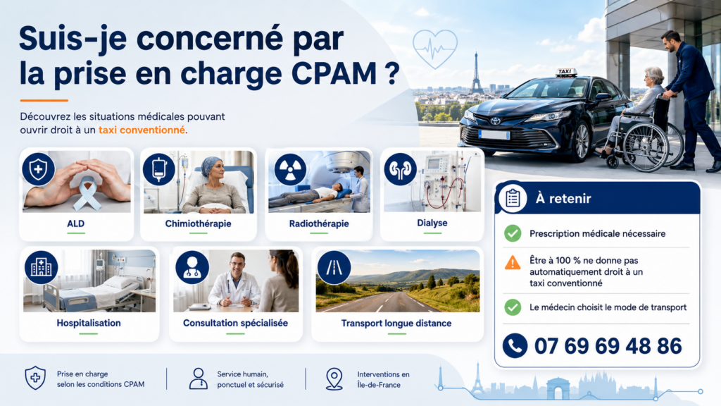 Guide des situations pouvant ouvrir droit à un taxi conventionné CPAM : ALD, chimiothérapie, radiothérapie, dialyse, hospitalisation, consultation spécialisée et longue distance.