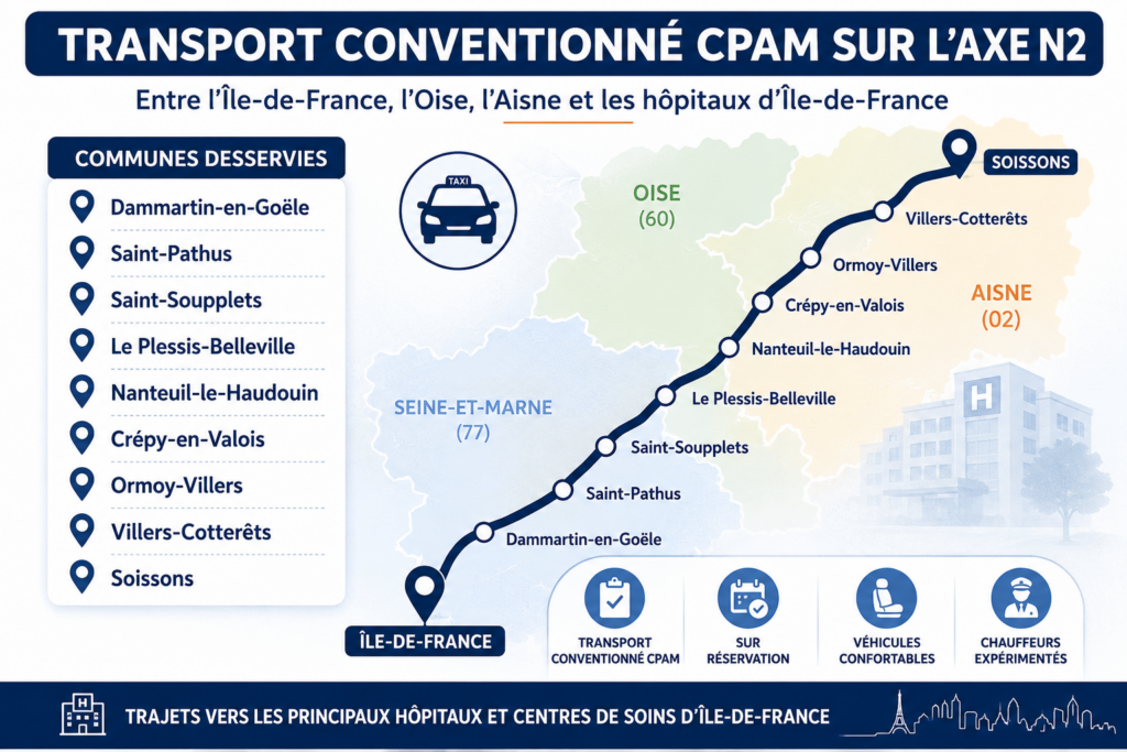 Transport conventionné CPAM sur l'axe N2 entre Soissons, Villers-Cotterêts, Crépy-en-Valois et les hôpitaux d'Île-de-France