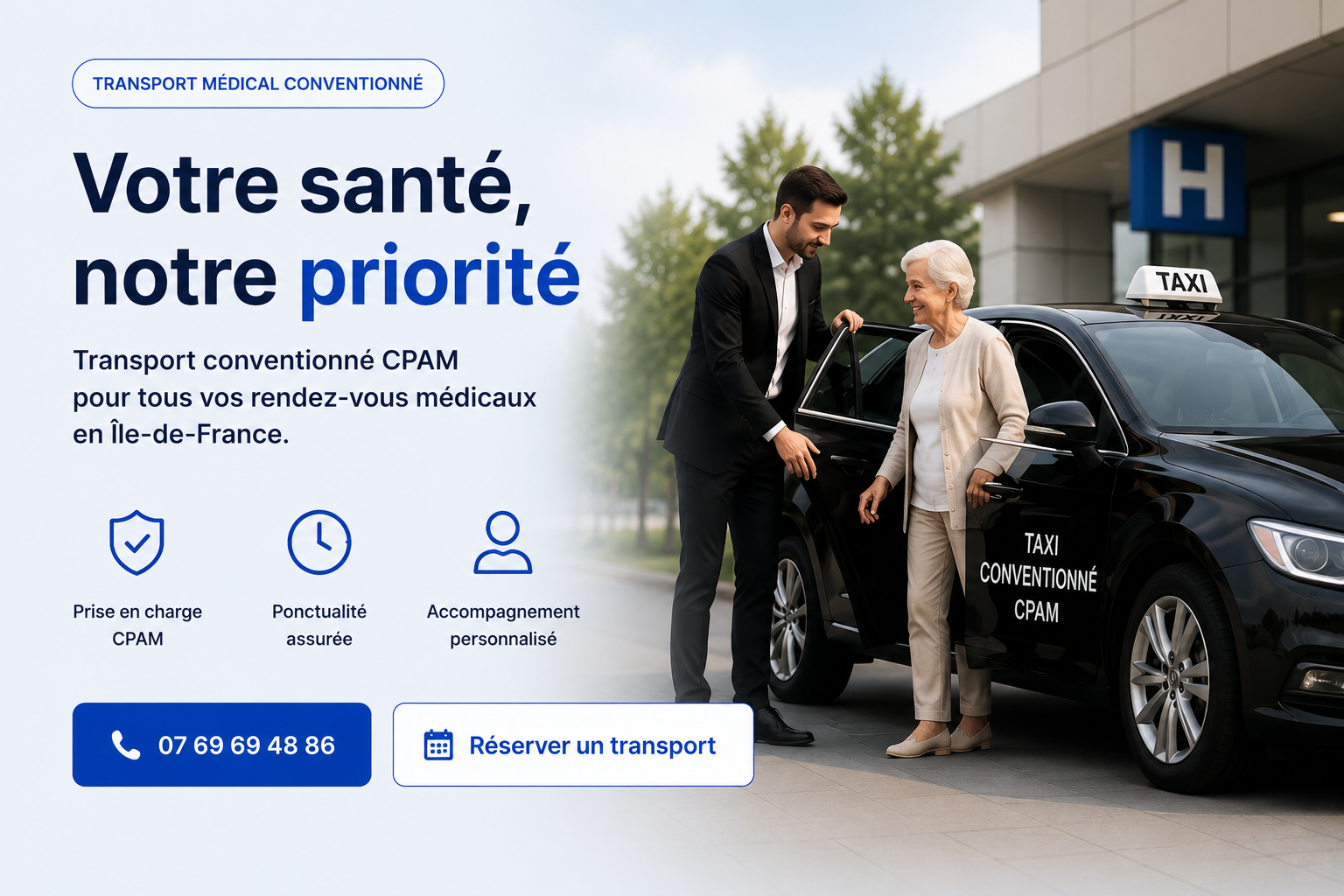 Chauffeur de taxi conventionné CPAM accompagnant une patiente devant un hôpital en Île-de-France pour un rendez-vous médical.