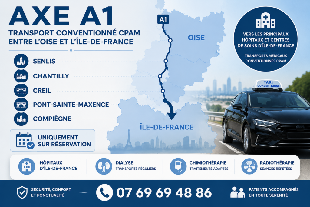 Transport conventionné CPAM entre l'Oise et l'Île-de-France via l'axe A1 depuis Senlis, Chantilly, Creil, Pont-Sainte-Maxence et Compiègne.