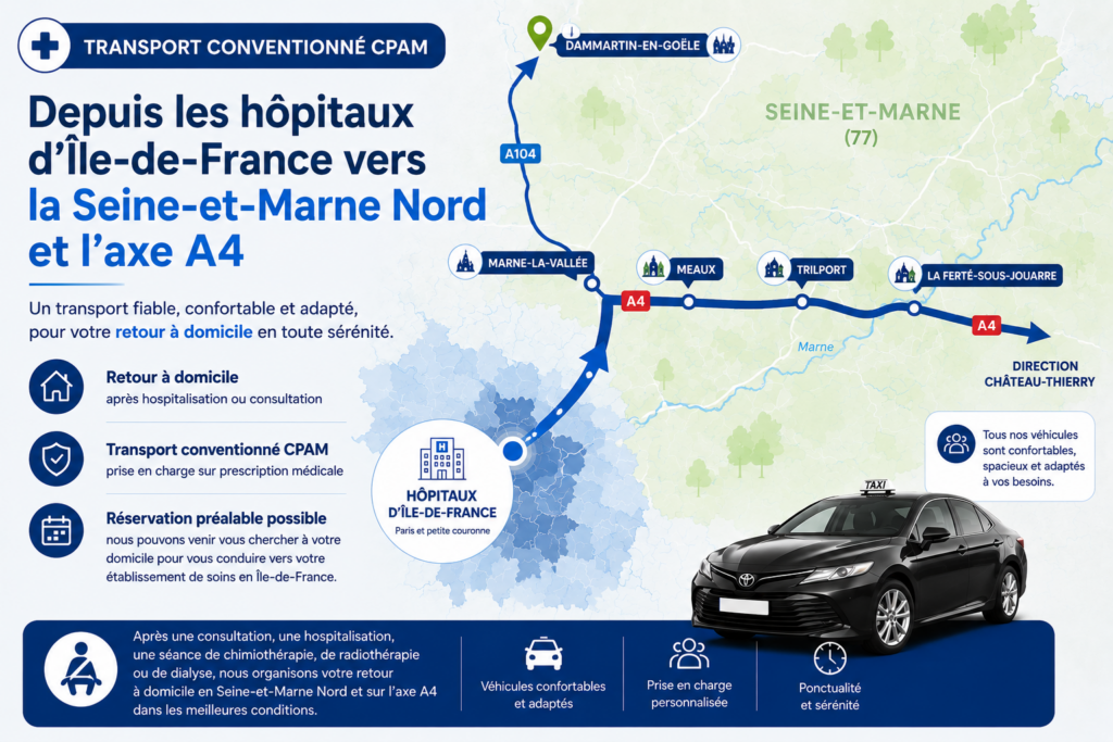 Taxi conventionné CPAM depuis les hôpitaux de Paris et de la petite couronne vers Marne-la-Vallée, Meaux, Trilport, La Ferté-sous-Jouarre, Dammartin-en-Goële et l'axe A4 en direction de Château-Thierry.