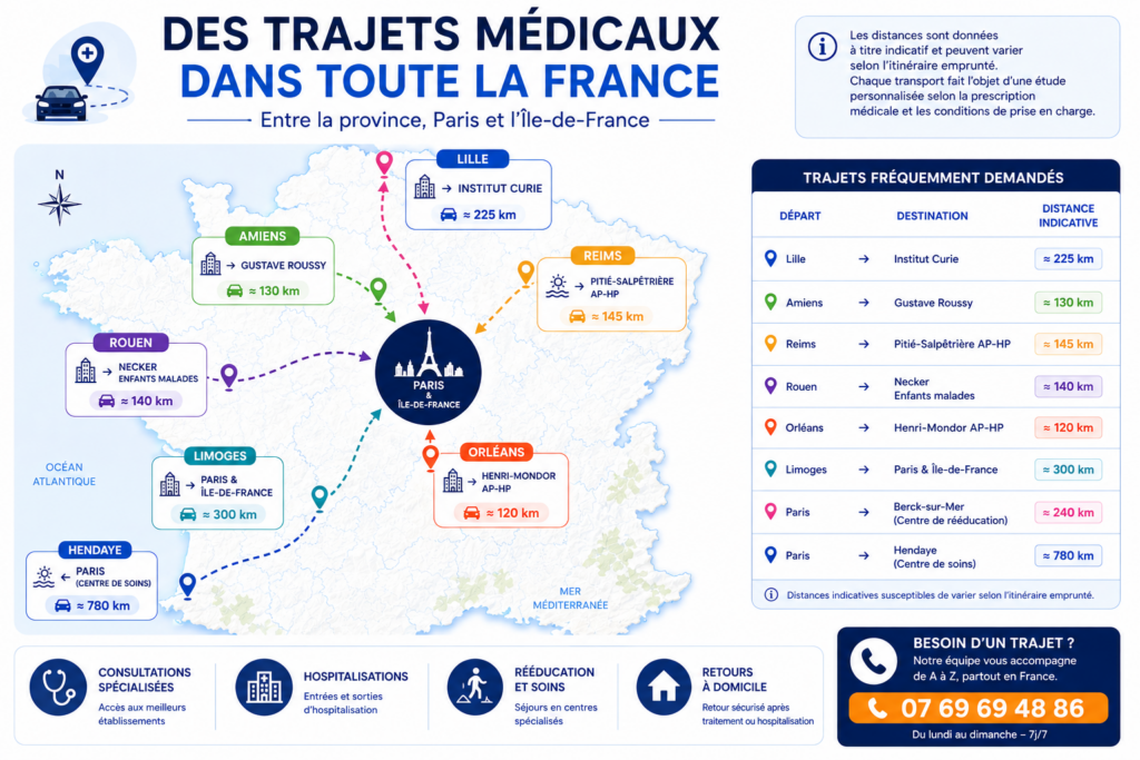 Carte illustrant des trajets médicaux longue distance entre la province, Paris et l’Île-de-France vers les principaux hôpitaux franciliens et centres spécialisés comme Institut Curie, Gustave Roussy, Necker, Henri-Mondor, Berck-sur-Mer et Hendaye.