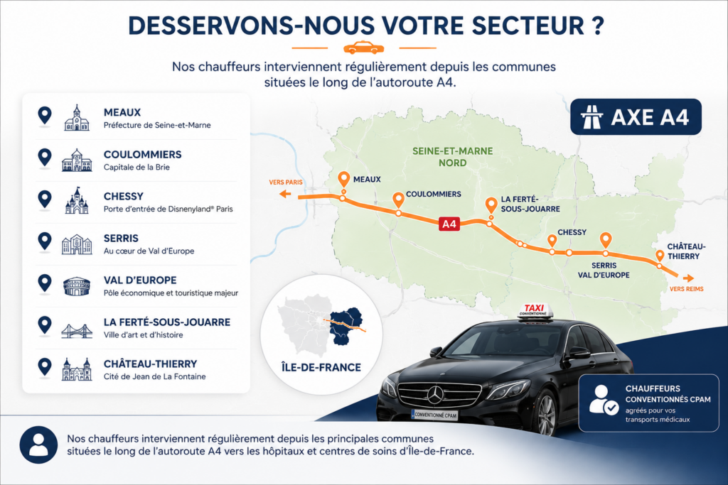 Taxi conventionné CPAM entre la Seine-et-Marne Nord et les hôpitaux d'Île-de-France depuis Meaux, Coulommiers, Chessy, Serris, Val d'Europe, La Ferté-sous-Jouarre et Château-Thierry